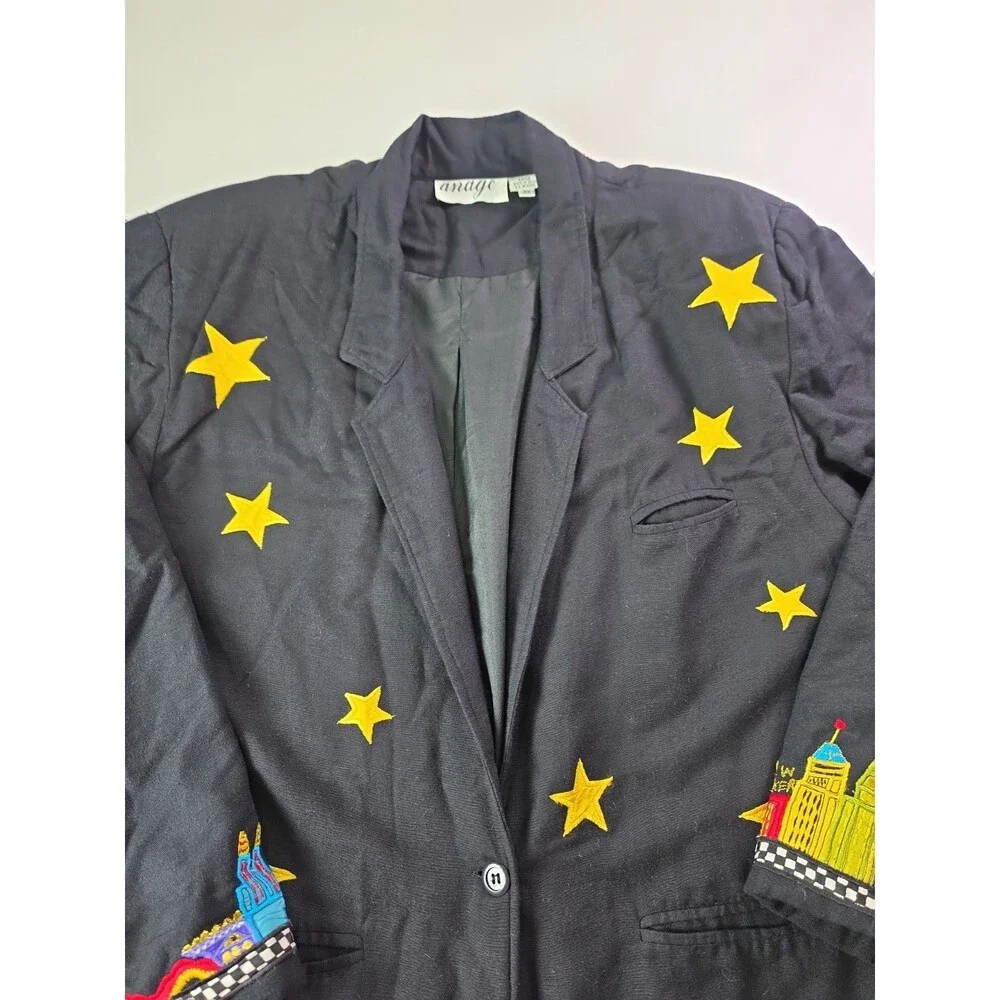 Vintage Womens Anage City Scape New Yorker Blazer Jacket 2X Embroidered Stars